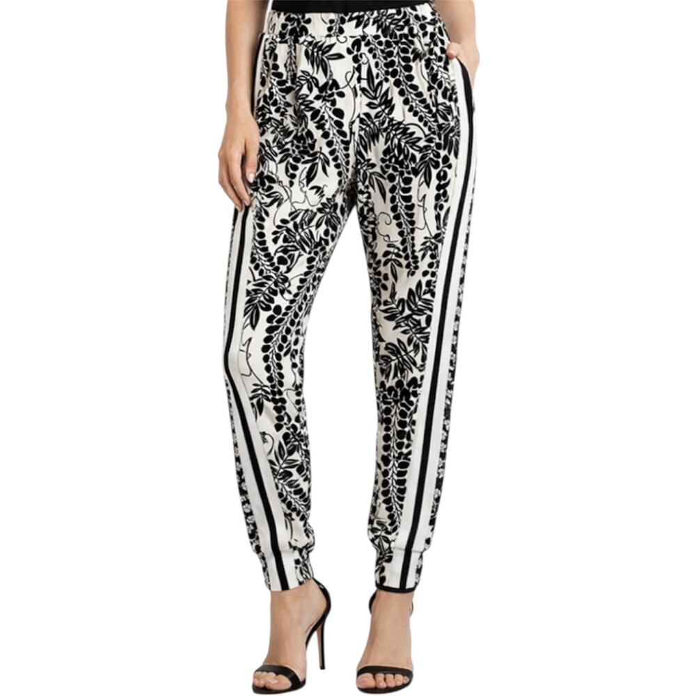 Norma Kamali Jogger Pants Side Stripe Ankle Pocket Floral White Black XL 40x28